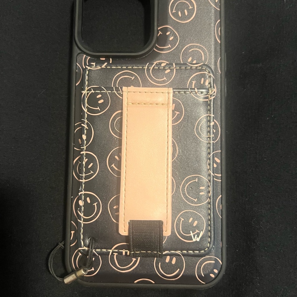 Black Smiley Pattern Phone Case with Beige Hand Strap